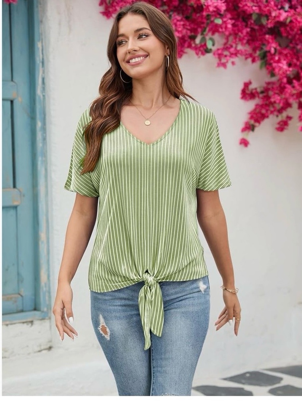 Women’s Green Striped V-Neck Tie-Front Top